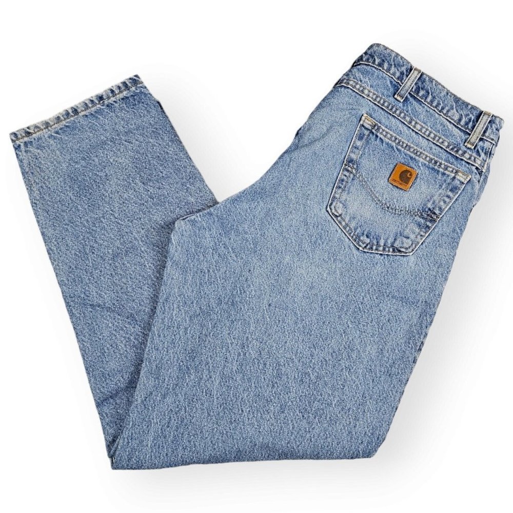 VTG Carhartt Jean Men Tag 42x32 Actual 40x31 Relaxed Fit Light Wash Light Stains